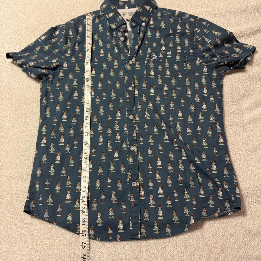 Penguin Blue Hula Dancer Patterned Short Sleeve Button Front Collared Shirt Mens - Picture 5 of 11